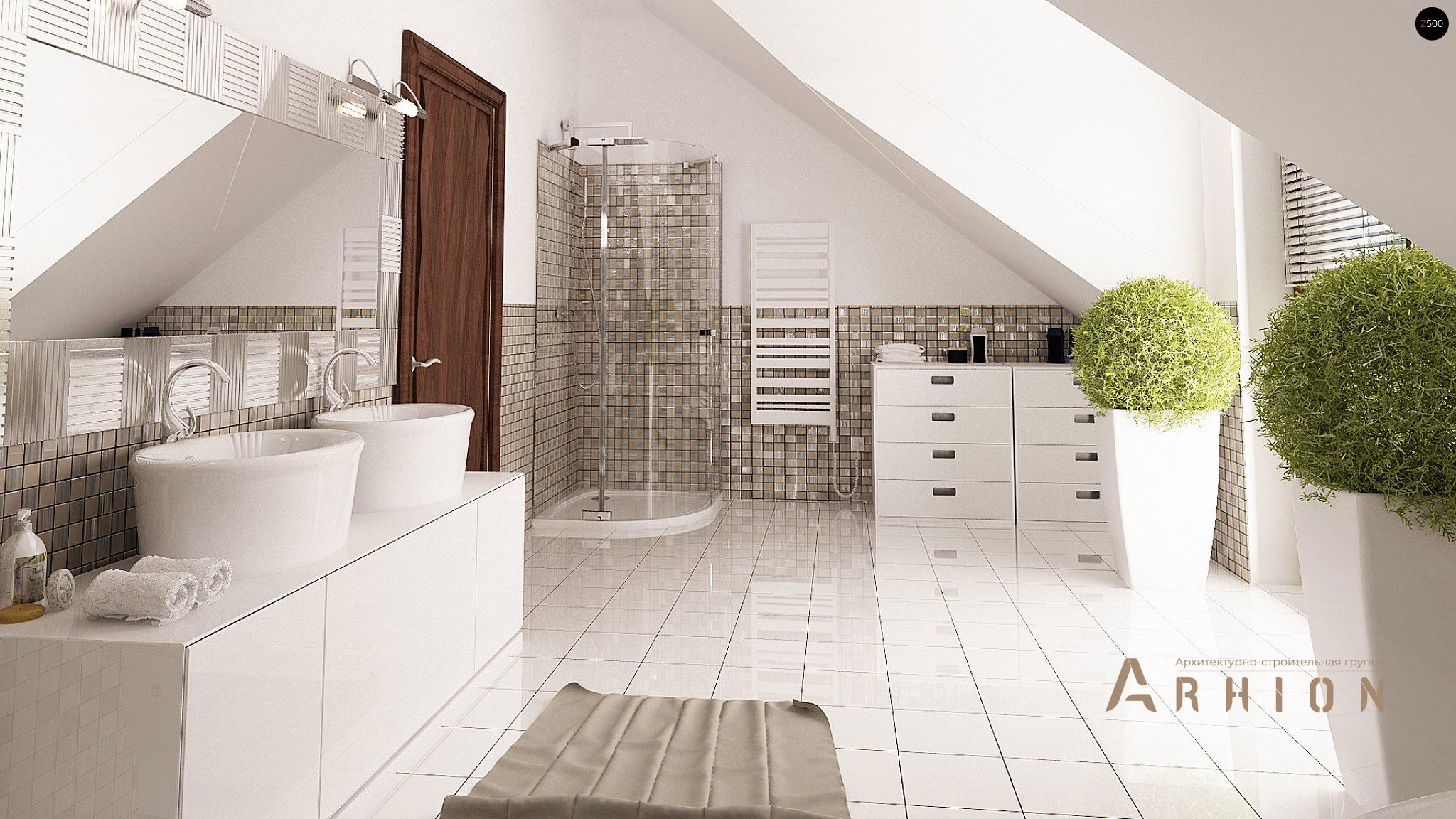 12. Проект одноэтажного дома в современном стиле с четырехскатной, Z270 A, площадью - 239 кв c мансардой, терассой, балконом, гаражом